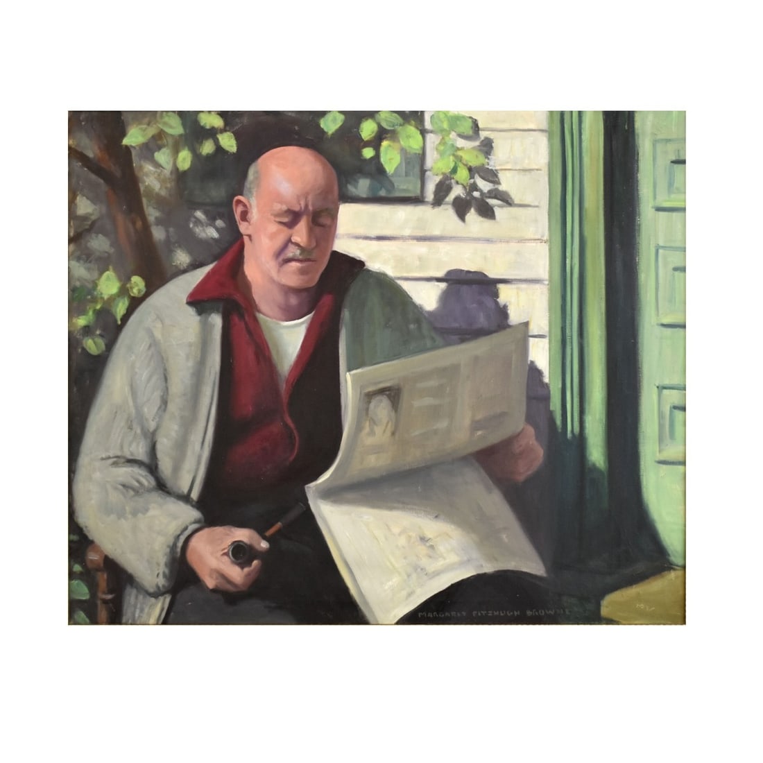 Margaret Fitzhugh Browne, American (1884-1972): Margaret Fitzhugh Browne, American (1884-1972) "Reading the Paper" Oil on Canvas Depicting a Seated Man Smoking a Pipe While Reading the Paper. Image area measures: 31-3/4" H., 37-3/4" W., frame measu