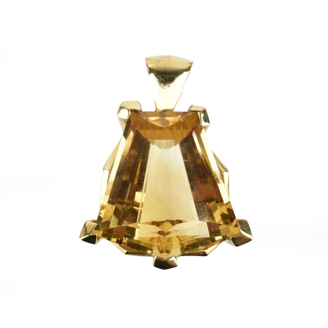 Citrine and 18K Pendant: Fancy Cut Citrine and 18 Karat Yellow Gold Pendant. Citrine with good color and clarity. Pendant measures 1-1/2" L, 1-1/8" W. Approx. weight: 22.88 grams. Kodner Galleries offers phone and absentee bi