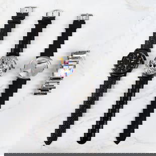 Men's Watches: Collection of Four Vintage Men's Watches. To include Tissot stainless steel bracelet watch, American Aviator black ceramic watch, Projects Twirler stainless steel watch with offset hands and an ewatch