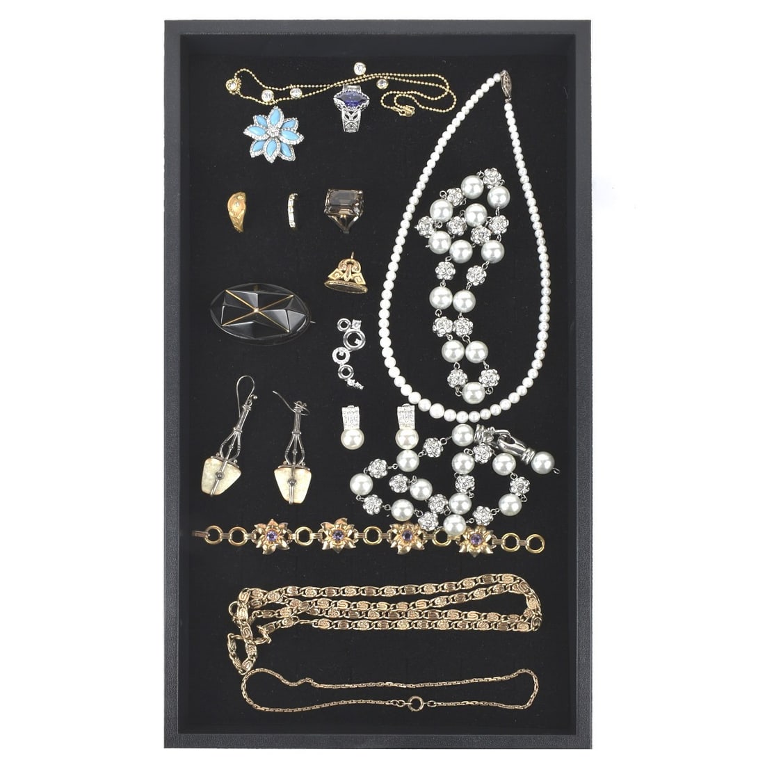 Fashion Jewelry: Tray Lot of Fashion Jewelry. To include necklaces, a bracelet, rings, earrings, antique pin and pendants. One necklace with cultured pearls. One vermeil necklace with cubic zirconia. A few sterling si