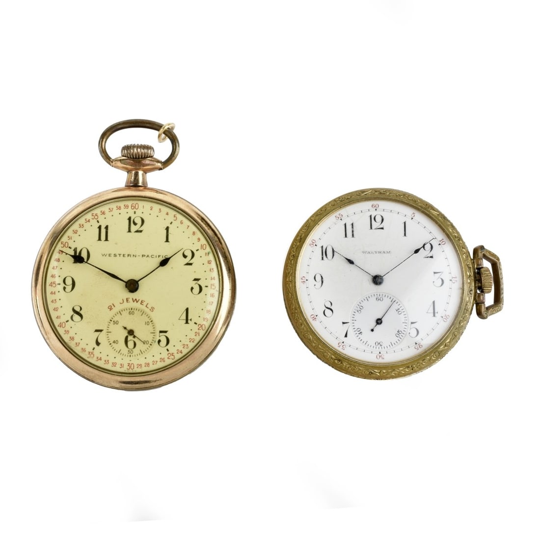Gold Filled Pocket Watches: Two Antique Gold Filled Pocket Watches. To include Waltham and Western Pacific. Manual wind movements. Western Pacific case measures 48mm; Waltham case measures 45mm. Approx. total gross weight: 137.8
