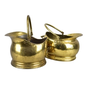 Two Vintage Brass Helmet Coal Buckets
