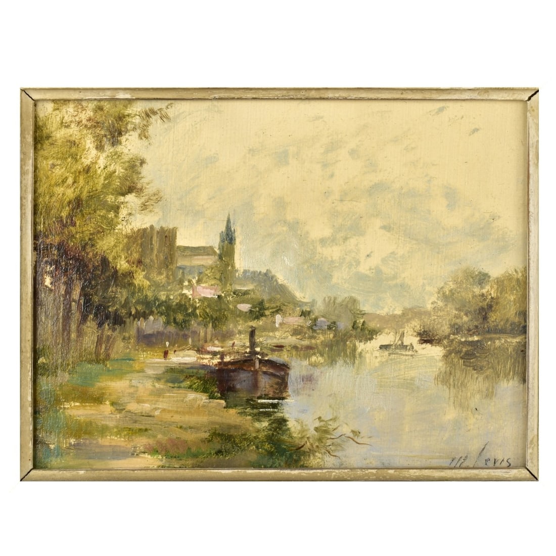 Maurice Levis, French (1860-1940): Maurice Levis, French (1860-1940) Antique Oil on Paper Painting of a Canal or River Scene with Buildings and Foliage on the Banks. Circa 1890. Framed. Artist signed bottom right -hand corner. Image ar