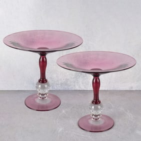 Pair of Cranberry and Clear Compotes