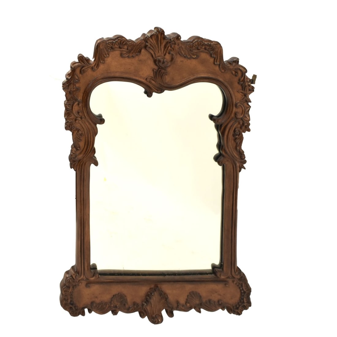 Modern French Style Ornate Wood Mirror: Modern French Style Ornate Wood Mirror. Mirror measures: 21" H., 16-1/2" W., frame measures: 33-1/2" H., 22-1/2" W. Kodner Galleries offers phone and absentee bidding at a low, flat 21% buyer’s prem