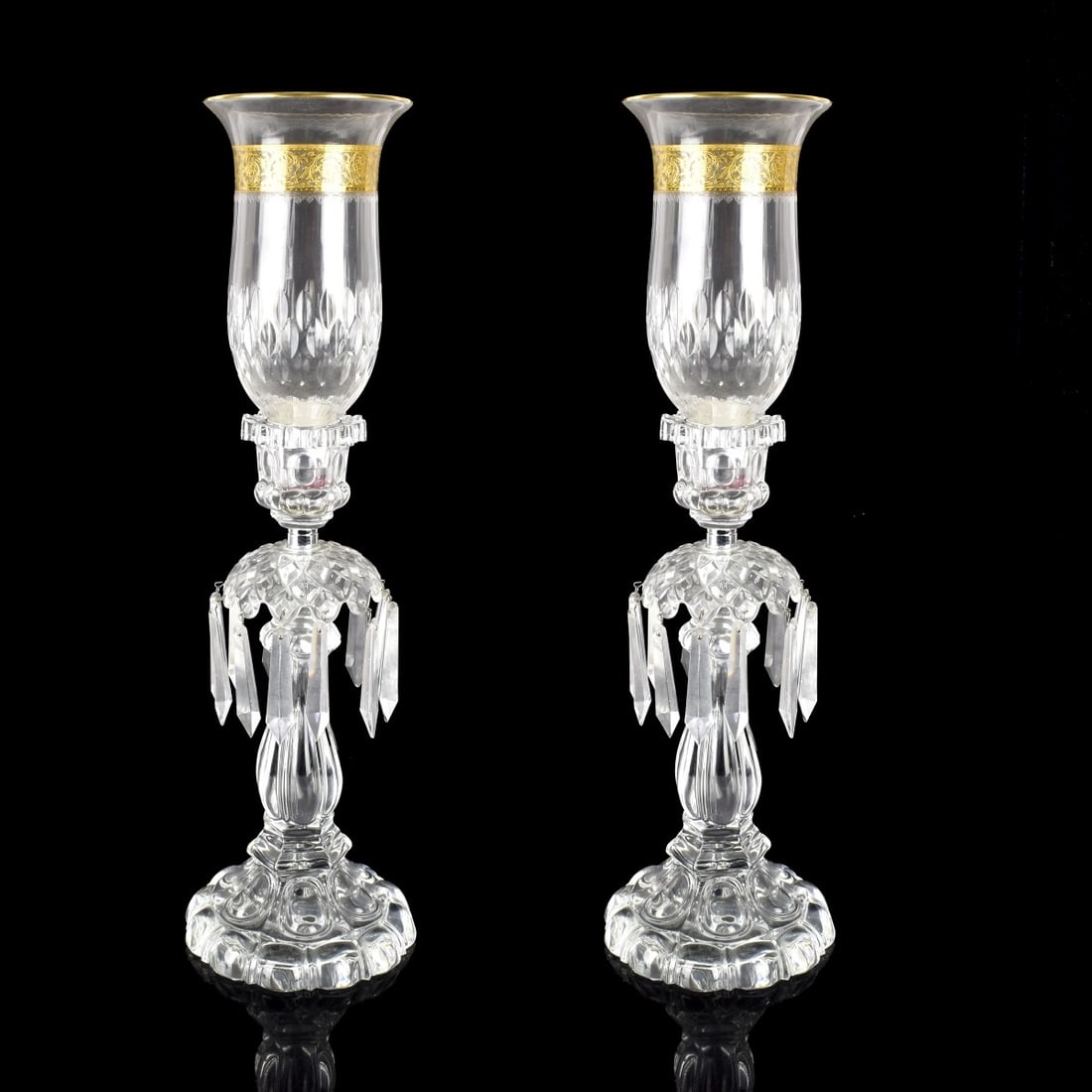 Vintage Pair of Hurricane Mantle Luster's: Vintage Pair of Hurricane Mantle Luster's. St. Louis Thistle shades and probably Bacarrate bases. Measures: 20-1/2" H., bottom of base measures: 6" Dia. Kodner Galleries offers phone and absentee bidd