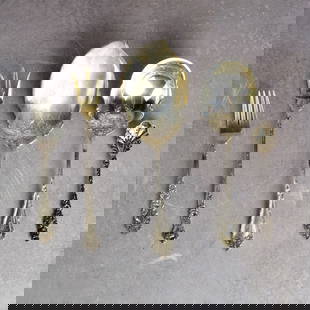 Antique Art Nouveau Sterling Silver: Six (6) Pieces Antique Art Nouveau Sterling Silver Pieces. Consisting of two (2) large monogrammed serving spoons, longest measures:10-1/2" L., one (1) monogrammed three prong serving fork, measures: