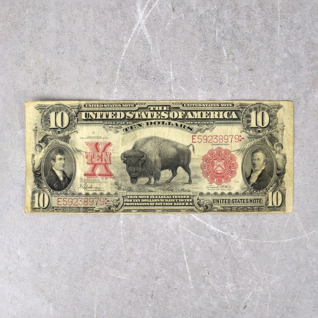 1901 US $10 "Bison" Bill: Rare US 1901 $10 "Bison" Bill with a Large American Bison in the Center and Portraits of Meriwether Lewis and William Clark. The verso with image of Columbia, the female personification of the United