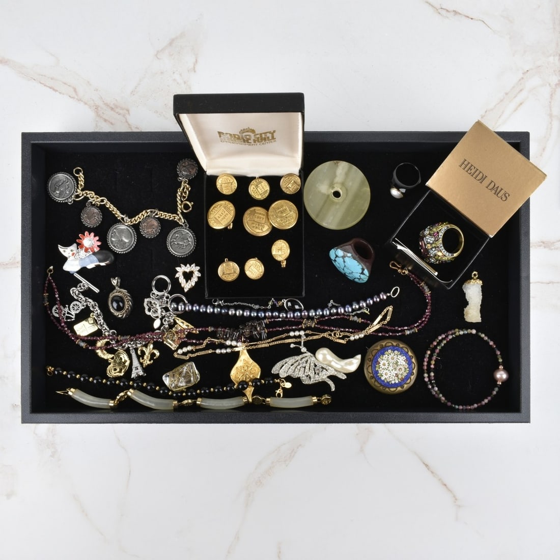 Collection of Fashion Jewelry: Collection of Vintage Fashion Jewelry. To include necklaces, bracelets, rings, pendant. pins and more. Variously accented with faux diamonds, color stones, hardstones, enamel, micro mosaic and more. V