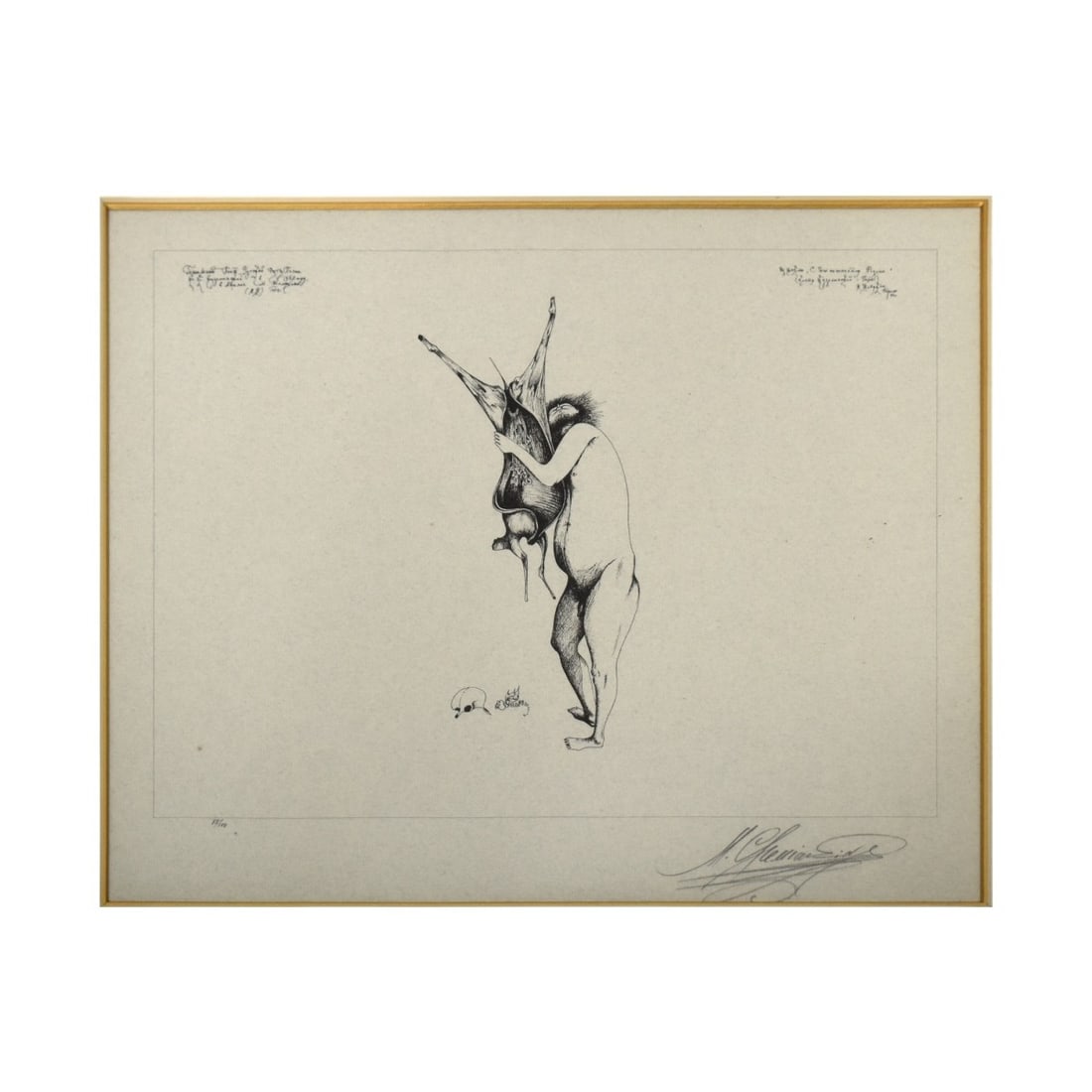 Mihail Chemiakin, Russian (b. 1943): Mihail Chemiakin, Russian (b. 1943) "Eau Fonte" Lithograph on Paper. Framed under glass. Signed in the plate and numbered 78/100. Image area measures: 12" H, 14" W. Frame measures: 21-1/4" H, 21-3/4"