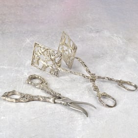 Antique Sterling Toast Tongs & Silver Plate Shears