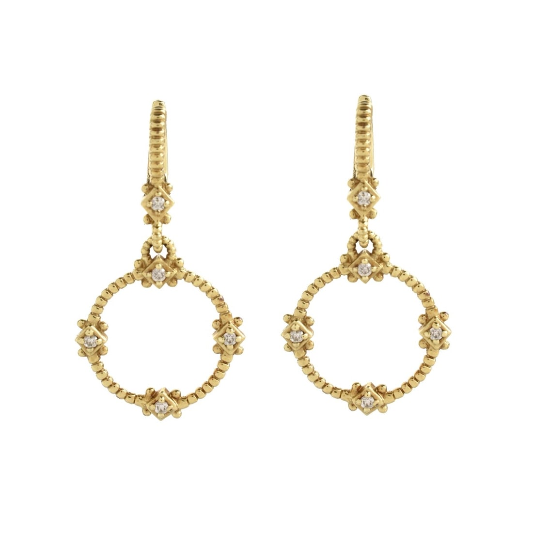 Judith Ripka Diamond and 14K Earrings: Judith Ripka Small Round Cut Diamond and 14 Karat Yellow Gold Earrings. Stamped JR 14K. Measure 1-3/8" L, 5/8" W. Approx. total weight: 4.91 grams. Kodner Galleries offers phone and absentee bidding a