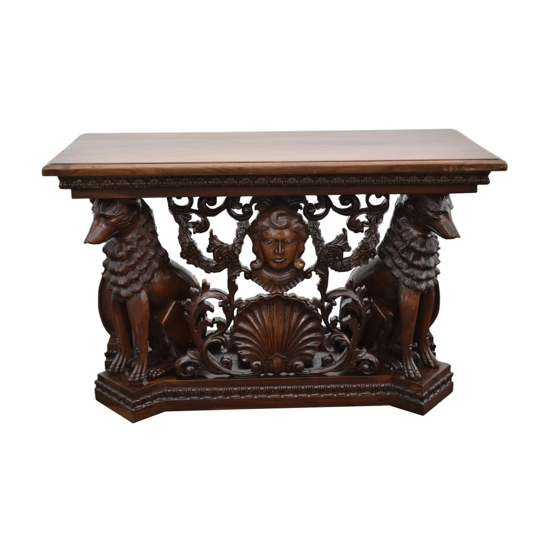 Antique Italian Renaissance Revival Console Table: Antique Italian Renaissance Revival Carved Console Table with Figures and Centralized Head. Measures 29-1/4" x 46" x 19-3/4". Kodner Galleries offers phone and absentee bidding at a low, flat 21% buye