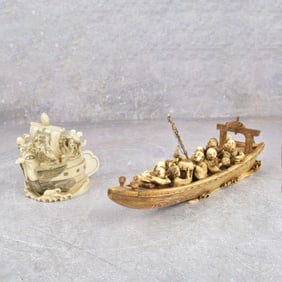 Two Antique Carved Japanese Figures of Boats