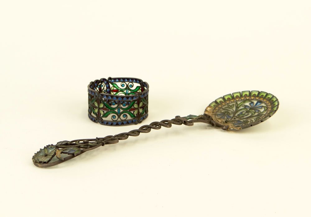 20th Century Continental Plique-a-Jour and Sterling Spo: 20th Century Continental Plique-a-Jour and Sterling Spoon together with Plique-a-Jour Napkin Ring. Probably Scandinavian. Signed 950.S with Makers Mark Illegible the Napkin Ring Unsigned. Spoon with L