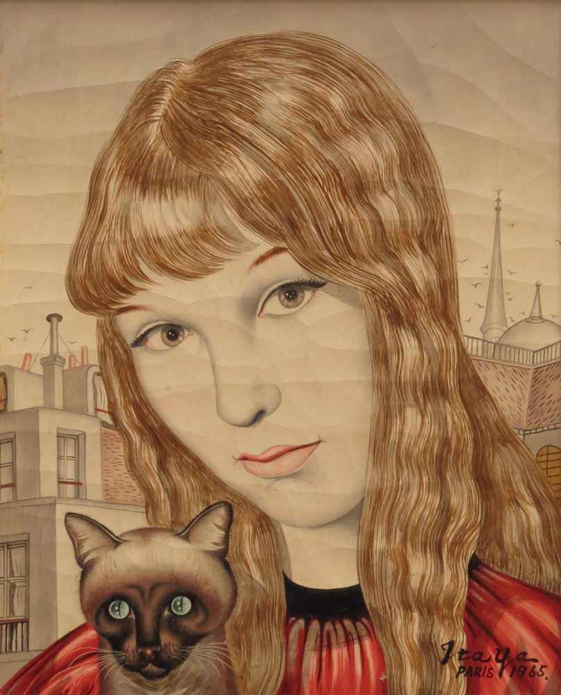 Foussa Itaya (b1919-) French-Japanese Surrealist Oil on: Foussa Itaya (b1919-) French-Japanese Surrealist Oil on Canvas "Girl with Cat". Signed and Dated 1965, Paris Lower Right. Craquelure Otherwise Good Condition. Measures 10-3/4 Inches Tall and 8-5/8 Inc