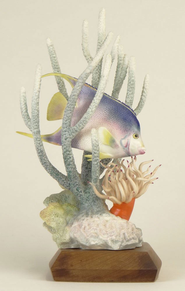 Limited Edition Royal Worcester Bone China Porcelain "B: Limited Edition Royal Worcester Bone China Porcelain "Blue Angel Fish" Group with Fitted Wooden Base. Signed Royal Worcester, Bone China, Made in England, Blue Angel Fish, Designed and Modeled by Rona