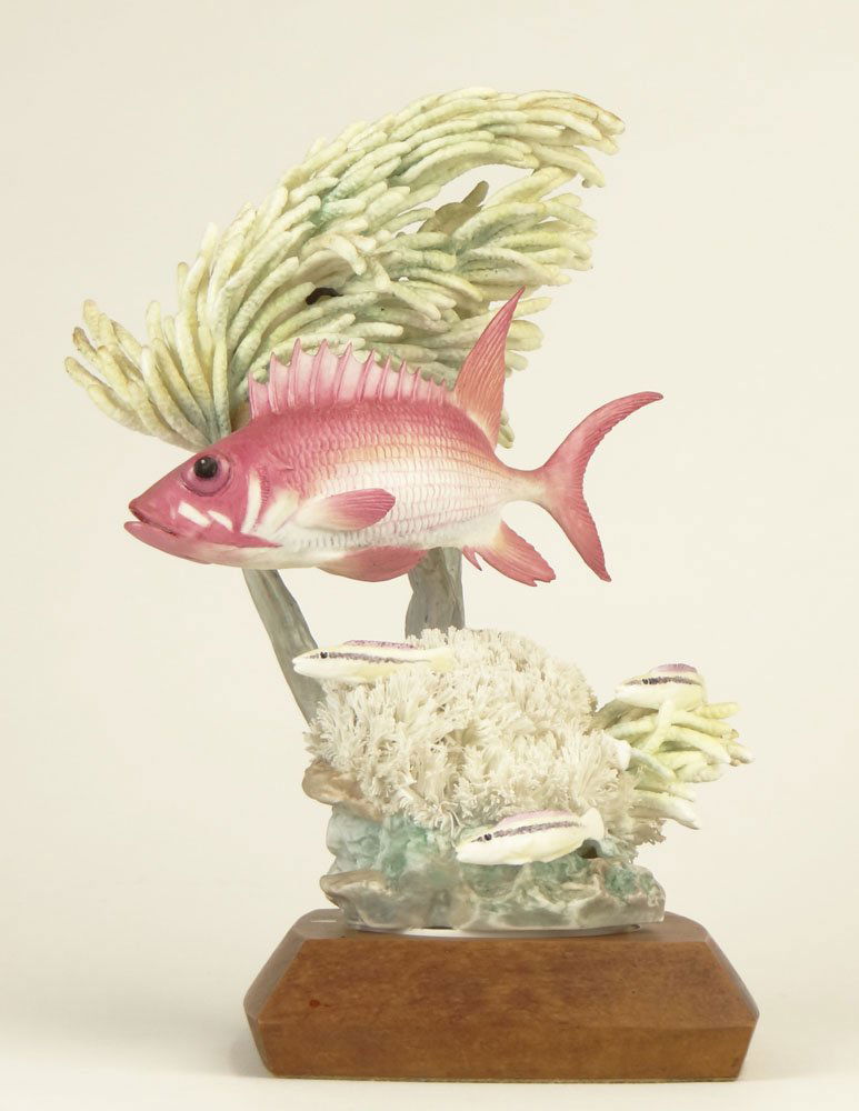 1961 Limited Edition Royal Worcester Bone China Porcela: 1961 Limited Edition Royal Worcester Bone China Porcelain "Squirrel Fish" Group with Fitted Wooden Base. Signed Royal Worcester, Bone China, Made in England, Squirrel Fish, Designed and Modeled by Ron