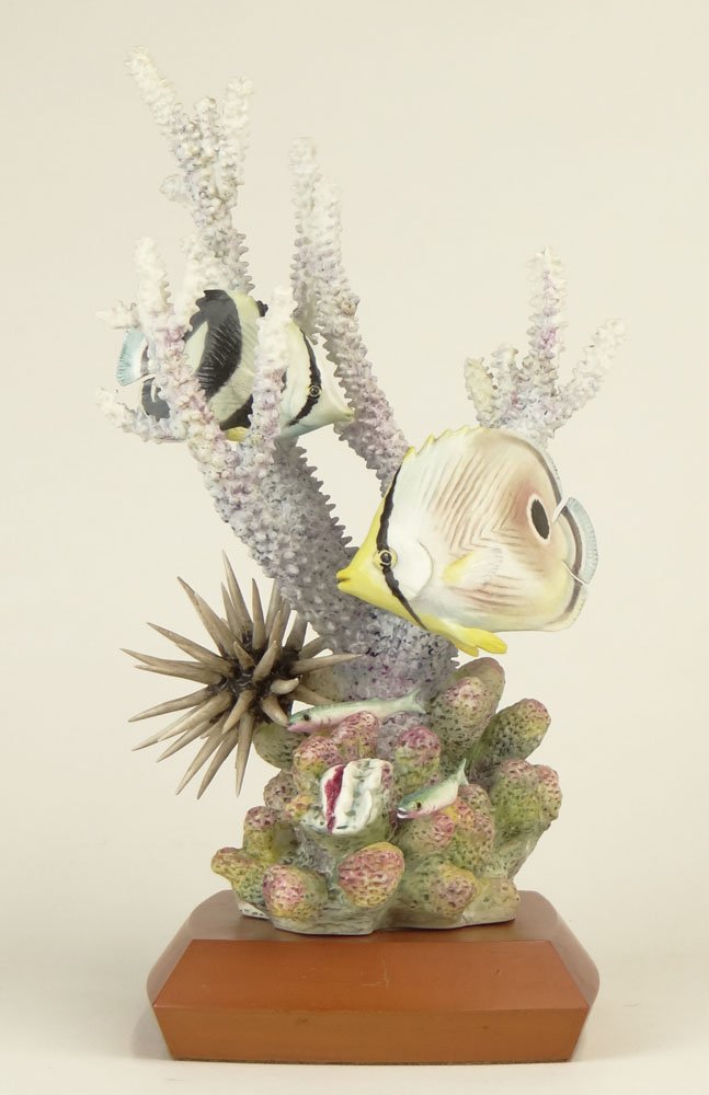 Limited Edition Royal Worcester Bone China Porcelain "F: Limited Edition Royal Worcester Bone China Porcelain "Four-Eyed and Banded Butterfly Fish" Group with Fitted Wooden Base. Signed Royal Worcester, Bone China, Made in England, Four-Eyed and Banded Butt