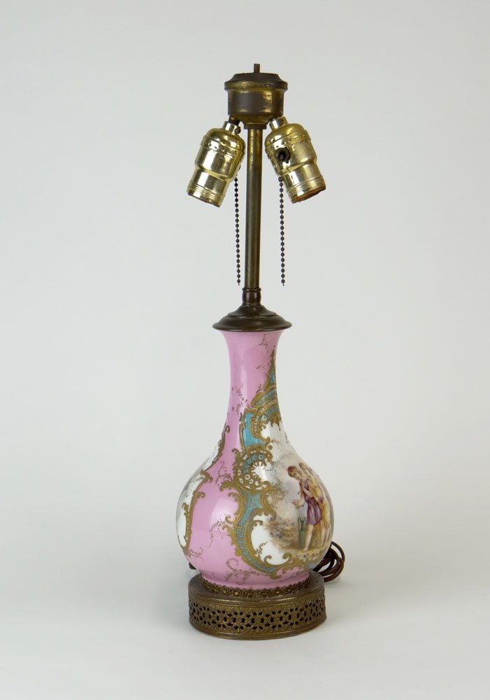 19th Century Sevres Pink Ground Porcelain Vase with Bro: 19th Century Sevres Pink Ground Porcelain Vase with Bronze Mounts and Gilt Decoration now Electrified and Converted into a Lamp. Front Panel Romantic Scene, Rear Panel Landscape. Artist Signed Quentin