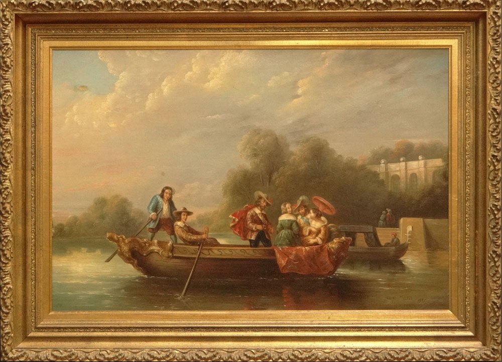 19th Century Continental School Oil on Canvas "Canal Sc: 19th Century Continental School Oil on Canvas "Canal Scene with Costumed People" Signed what appears to Adrien Moreau or Something Close and Dated 1885. Several Spots of Visible Repair or else Overall