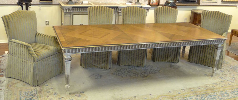 Large Contemporary Neo-classical-style Ferguson Copelan: Large Contemporary Neo-classical-style Ferguson Copeland LTD Dining Table with Mixed Wood Parquet Top and Distress Painted and Parcel Gilt Base. Signed. Minor Rubbing to Surfaces Otherwise Good Condit
