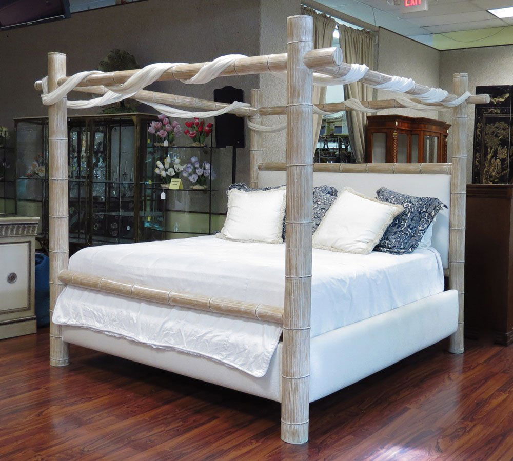Contemporary Island-style Pickled Bamboo and Upholstere: Contemporary Island-style Pickled Bamboo and Upholstered Four Poster Eastern King Bed Complete with Mattress, Box Springs, Bedding, Custom Bed Cover and Accent Pillows. Unsigned. Soiling to Upholstery