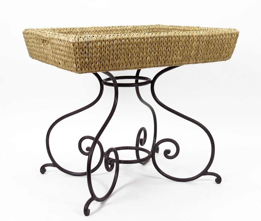 Contemporary Steel Table Base with Woven Water Hyacinth: Contemporary Steel Table Base with Woven Water Hyacinth Basket Tray Top. Unsigned. Good Condition or Better. Measures 31 Inches Tall, 34 Inches Wide and 28-1/2 Inches Deep. We will not ship this item 