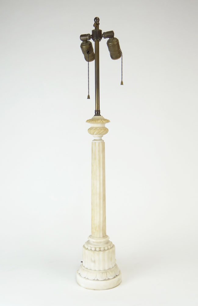 Vintage Italian for Bonwit Teller White Alabaster Colum: Vintage Italian for Bonwit Teller White Alabaster Column Table Lamp. Signed Italy and Paper Tag to Base. Minor Chips to Base Otherwise Good Condition. Measures 30 Inches to Top of Finial. Shipping $65