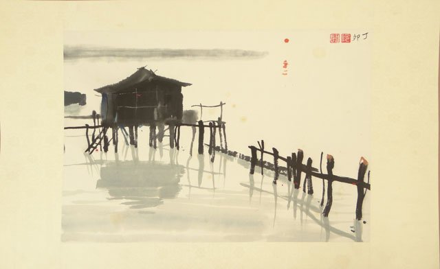 Wei Pingao Chinese (born1944- ) Ink and Color on Paper: Wei Pingao Chinese (born1944- ) Ink and Color on Paper "House on Stilts" Signed Upper Right. Foxing Starting, a Few Light Stains or else Good Condition. The Gallery Has Been Advised Provenance: ex-She