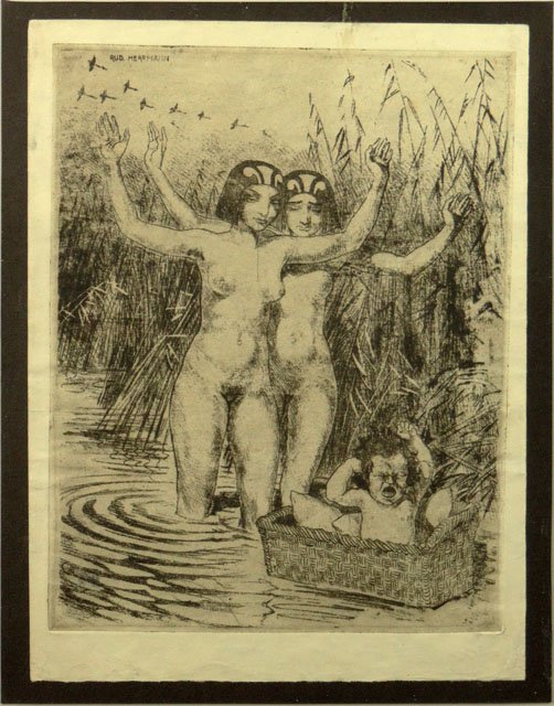 Rudolf Herrmann German (1874-1964) Etching "Moses in th: Rudolf Herrmann German (1874-1964) Etching "Moses in the Bulrushes" Signed Herrmann within Plate. Good to Very Good Condition. Measures 12-3/4 Inches by 9-1/2 Inches, Frame Measures 18-1/2 Inches by 1