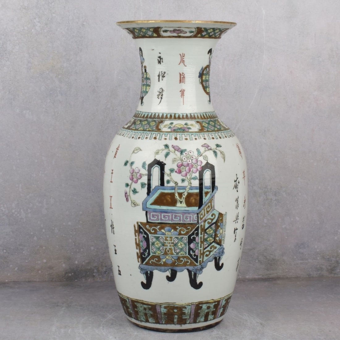Chinese Famille Verte Hand Painted Porcelain Vase: Chinese Famille Verte Hand Painted Porcelain Vase. Republic period (1912-1949). Decorated with flowers, urns and bonsai with calligraphy to the sides. Measures: 17-1/4" H, top measures: 6-7/8" Dia., b