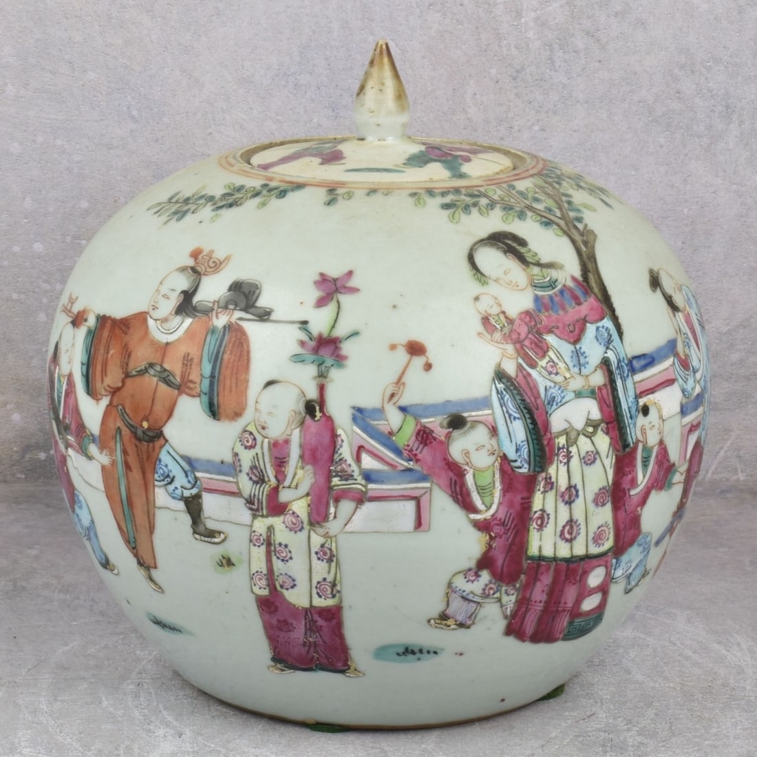 Antique Chinese Famille Rose Porcelain Ginger Jar: Antique Chinese Famille Rose Porcelain Ginger Jar with Cover. Decorated with an auspicious motif. Measures: 8-1/2" H, 9" Dia. Kodner Galleries offers phone and absentee bidding at a low, flat 21% buye