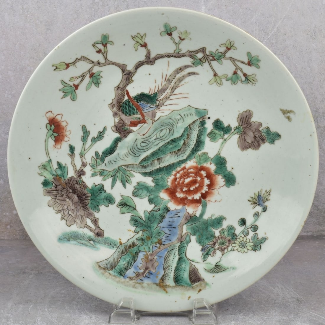 Antique Chinese Famille Verte Porcelain Charger: Antique Chinese Famille Verte Porcelain Charger. Republic period 1912-1949). Decorated with trees, flowers and a perched bird. Measures: 2-1/4" H, 11-3/4" Dia. Kodner Galleries offers phone and absent