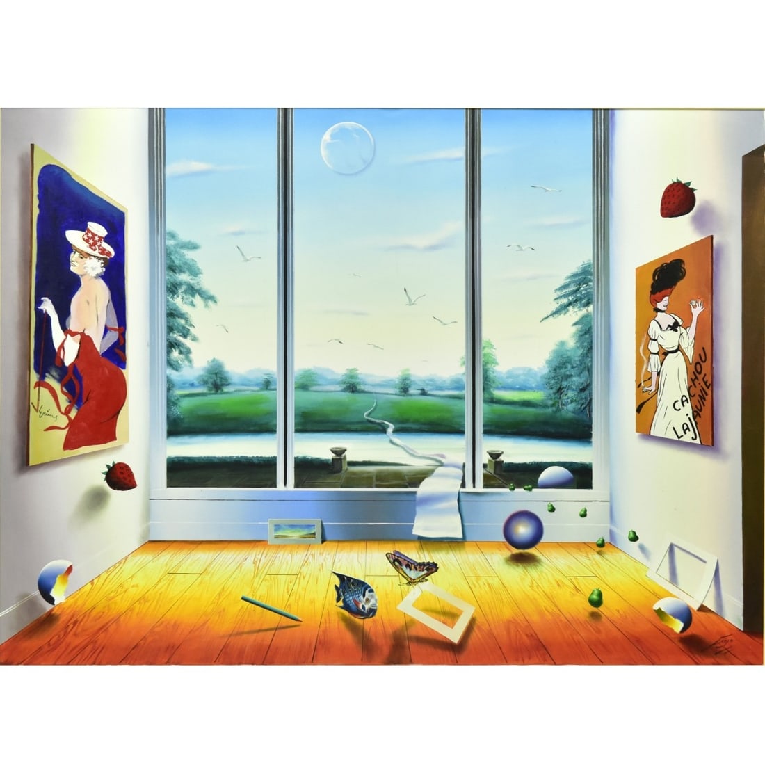 Fernando De Jesus Oliviera (Ferjo), Br. (b. 1946): Fernando De Jesus Oliviera (Ferjo) (Brazilian, born 1946). Surrealist acrylic painting on canvas depicting an interior scene having a large picture window and interior elements including a butterfly,