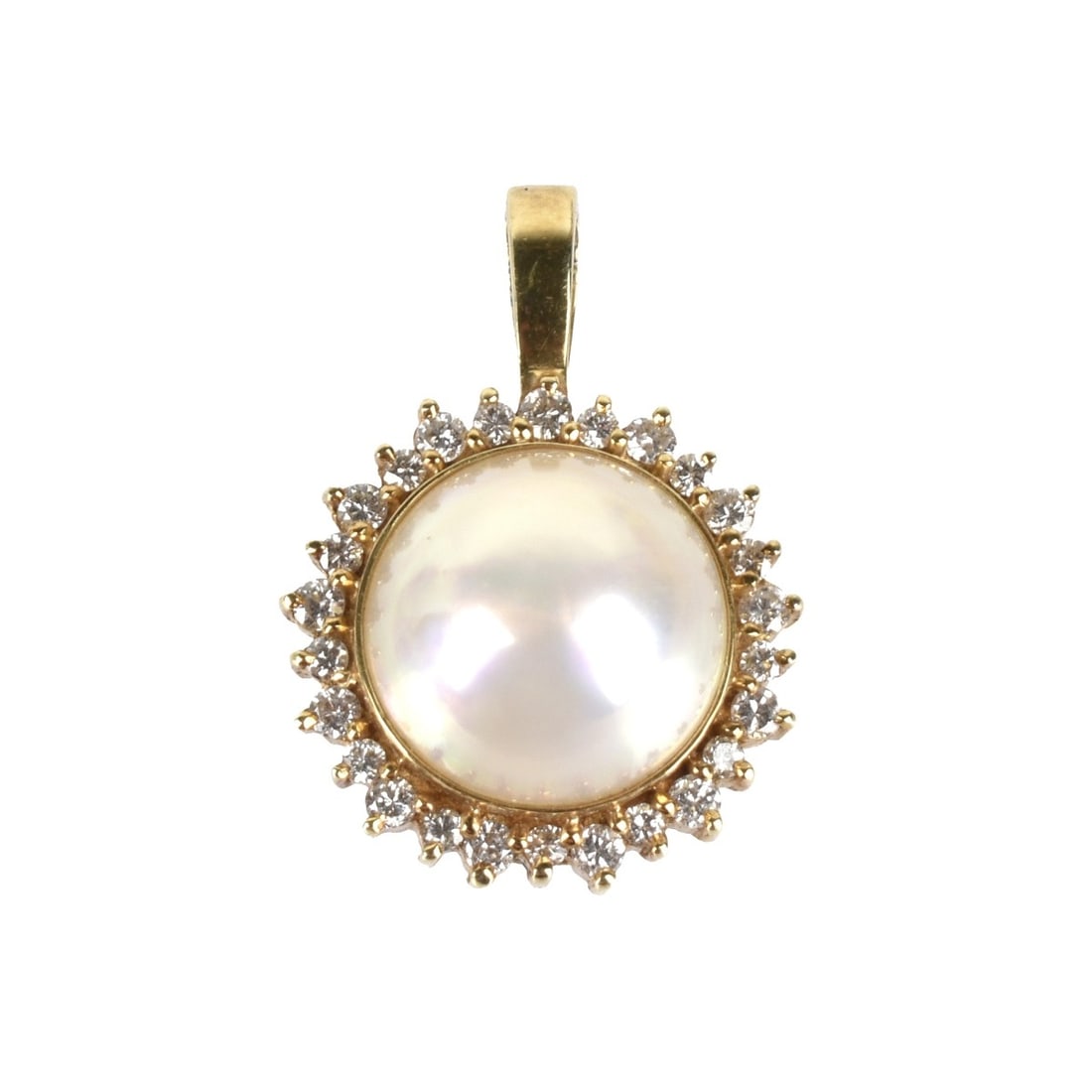 Pearl, Diamond and 14K Pendant: Vintage 14.0mm Mabe Pearl, .65 Carat TW Round Brilliant Cut Diamond and 14 Karat Yellow Gold Pendant. Pearl with good luster and polish. Diamonds F-G color, VS1-SI1 clarity. Measures 1" L, 5/8" W. App