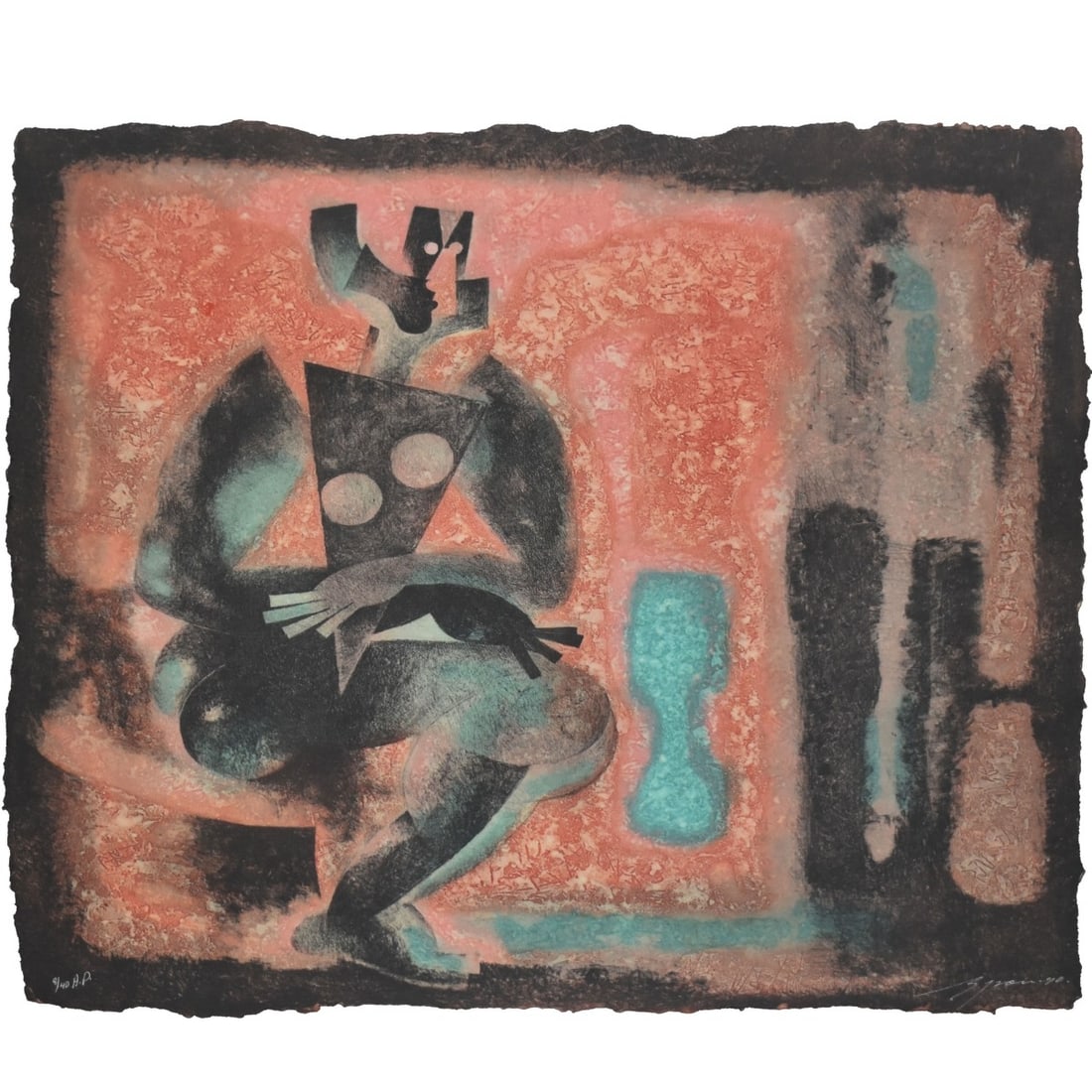 Byron Galvez, Mexican (1941-2009): Byron Galvez, Mexican (1941-2009) "Uno Paso" Acrylicograph on Paper. Signed and numbered "A.P. 9/40." Image area measures: 34" High, 34" Wide, frame measures: 46-1/2" High, 46-1/2" Wide. Kodner Galler