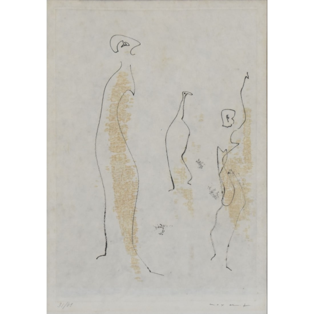 Max Ernst, German (1891-1976): Max Ernst, German (1891-1976) Colored Etching of Figures on Paper. Framed under Plexiglass. Signed and numbered "31/69." in pencil. Image area measures: 13" High, 8-1/2" Wide, frame measures: 22" High