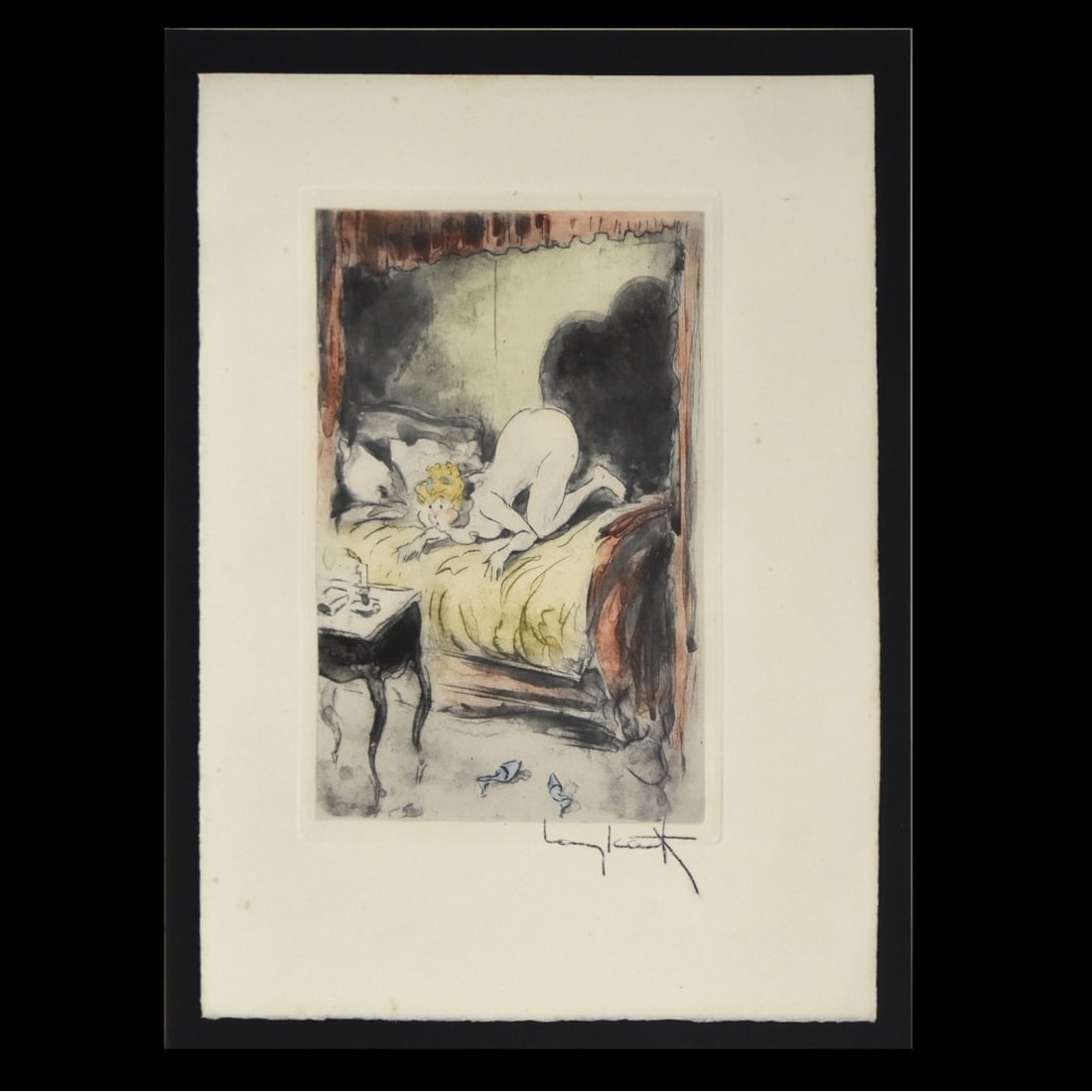 Louis Icart, French (1888-1950): Louis Icart, French (1888-1950) Art Deco Colored Etching Titled "Stubborn Flame". Certificate of Authenticity supplied. Image area measures: 7-1/2" H, 5-1/2" W, frame measures: 27" H, 23-1/2" W. Kodne