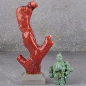 Antique Carved Coral and Turquoise Sculptures