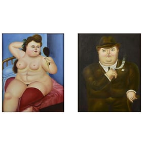 Oil on Canvas Paintings in Style of Botero