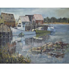 Vintage Oil on Canvas of a Harbor Scene