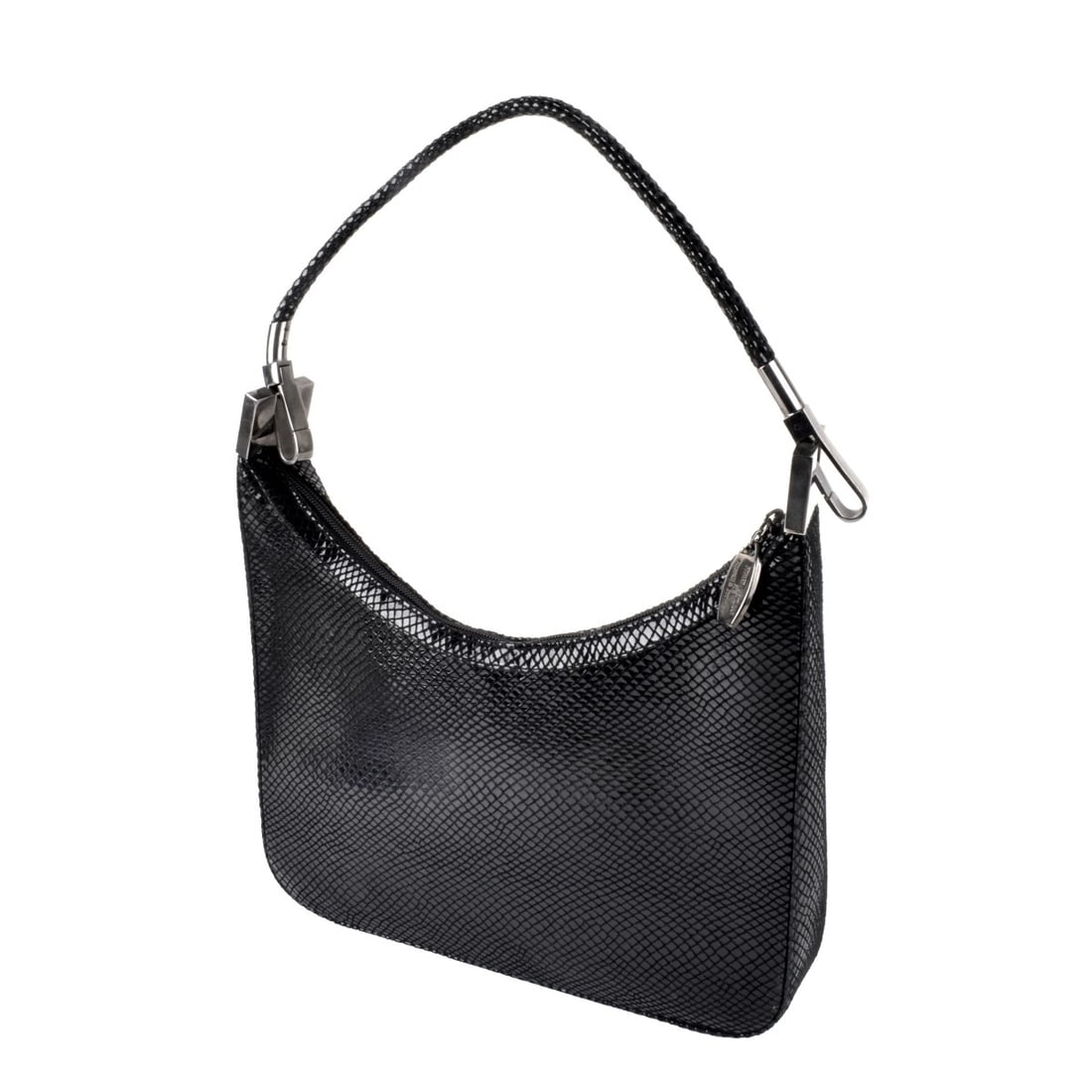 Stuart Weitzman for Russell & Bromley Bag: Stuart Weitzman for Russell & Bromley Patent Bag. Blackened white metal hardware. Tag to interior. Measures 10" H, 10-1/4" W; 10" strap drop. Kodner Galleries offers phone and absentee bidding at a lo