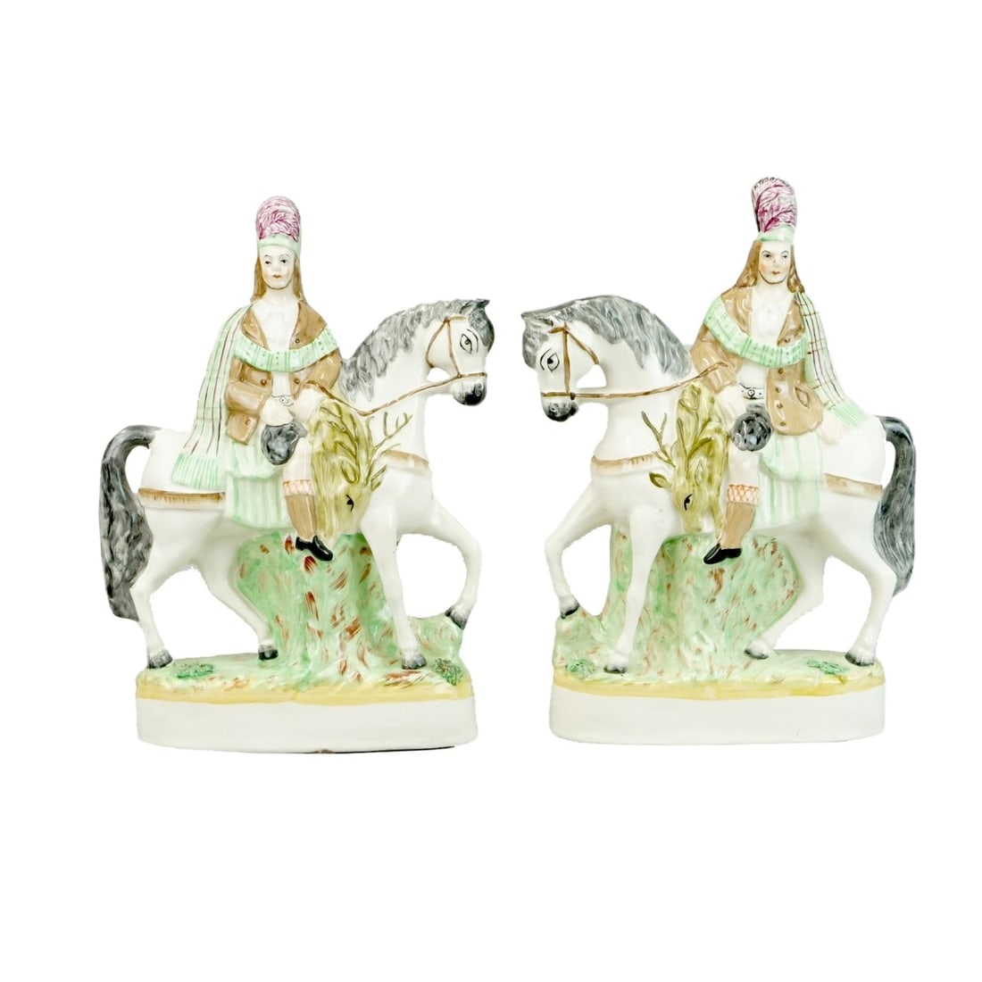 Pair of Staffordshire Figurines: Pair of Large Vintage William Kent Staffordshire Porcelain Figurines. Signed. Measures 14-3/4" x 9-3/4" x 3-1/2". Kodner Galleries offers phone and absentee bidding at a low, flat 21% buyer’s premiu