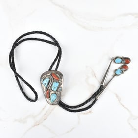 Zuni Turquoise, Coral and Silver Bolo Tie