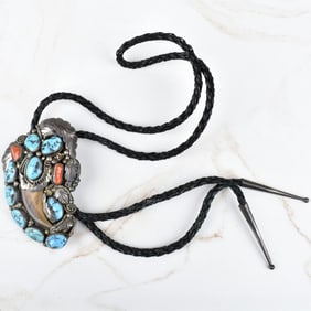 Navajo Turquoise, Coral & Silver Bolo Tie