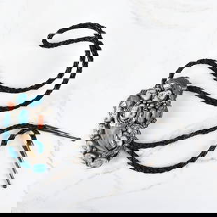 Navajo Turquoise, Coral & Silver Bolo Tie: Vintage Navajo Turquoise, Red Coral, Bear Claw and Sterling Silver Bolo Tie with Braided Leather. Signed 'W", stamped sterling. Slide measures 3-1/2" x 2-1/4"; tie measures 38" L. Approx. gross