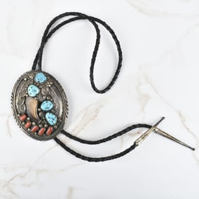 Navajo Turquoise, Coral & Silver Bolo Tie