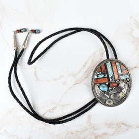Navajo Turquoise, Coral and Silver Bolo Tie