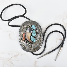 Navajo Turquoise, Coral and Silver Bolo Tie